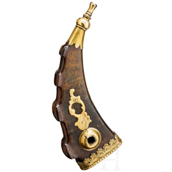 A South German ibex powder flask with wheel lock key, 18th century