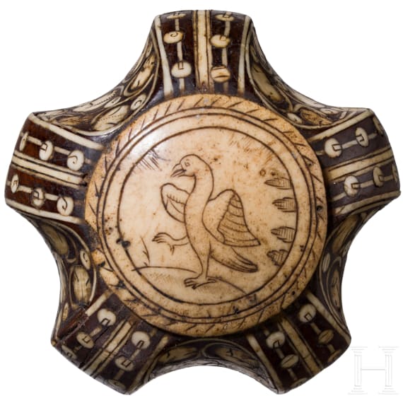 A fine bone inlaid pommel of a south German wheellock pistol, ca. 1600