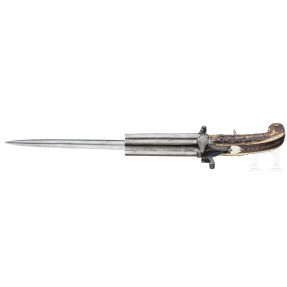 A hunting knife with 2 integrated percussion pistols, ca. 1850