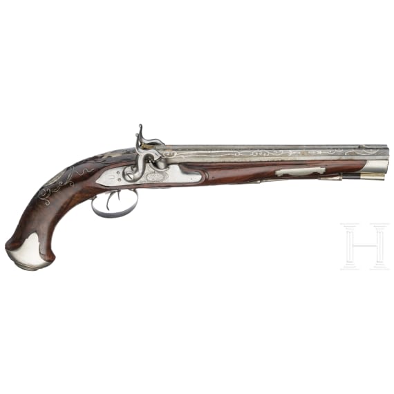 A pair of converted double-barreled percussion pistols, Johann Andreas Kuchenreuter in Regensburg, around 1800