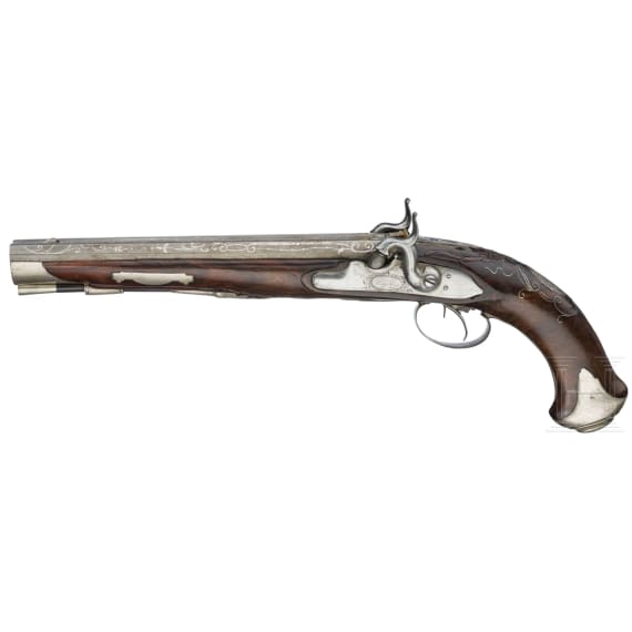 A pair of converted double-barreled percussion pistols, Johann Andreas Kuchenreuter in Regensburg, around 1800