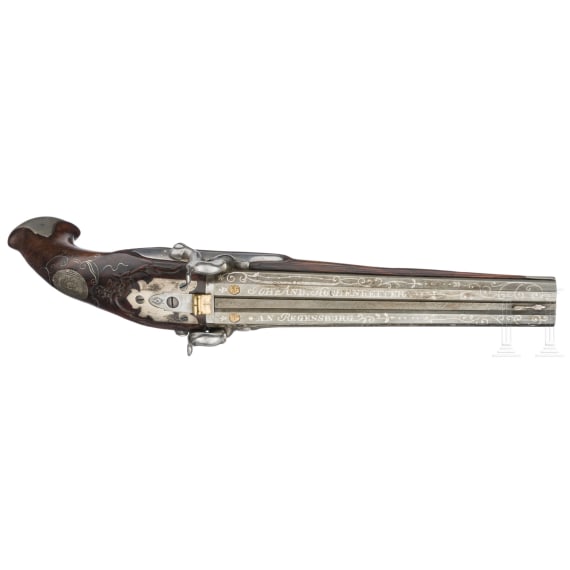 A pair of converted double-barreled percussion pistols, Johann Andreas Kuchenreuter in Regensburg, around 1800