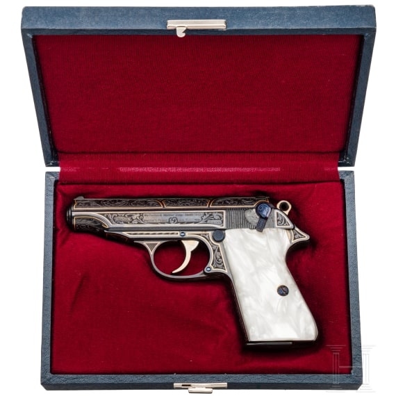 A Walther PP, deeply engraved gold, in a luxury case