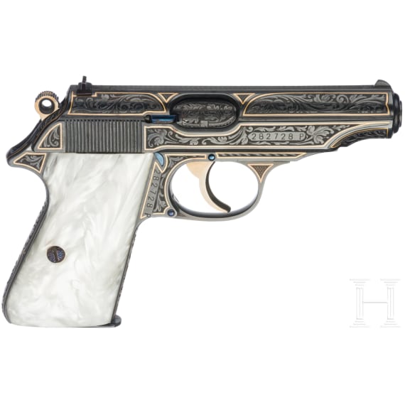 A Walther PP, deeply engraved gold, in a luxury case