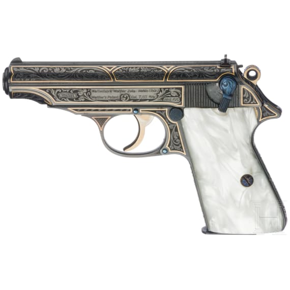 A Walther PP, deeply engraved gold, in a luxury case
