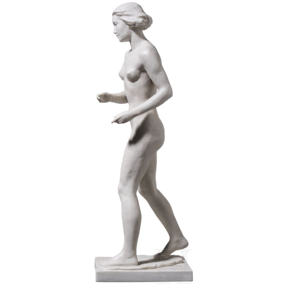A biscuit porcelain figure of a nude walking woman, Ottmar Obermaier, 1931 (design), Rosenthal, Kunstabteilung Selb, 1944 (finish)
