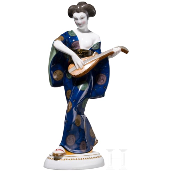 A porcelain figure of a Japanese woman with mandolin from the "Wedding Procession", Adolf Amberg, 1908-10 (design), KPM, 1910