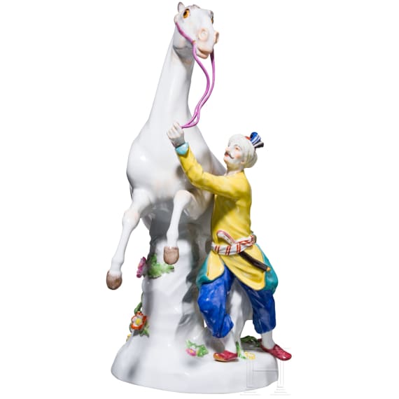 A porcelain figure group "Turkish man with Spanish horse", J. J. Kaendler, 1765 (design), Meissen, 20th century (finish)