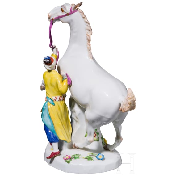 A porcelain figure group "Turkish man with Spanish horse", J. J. Kaendler, 1765 (design), Meissen, 20th century (finish)