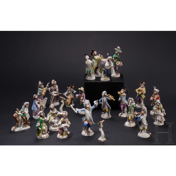 21 porcelain figures and two conductor stands from the Monkey Orchestra, designed by J. J. Kaendler, manufactured by Meissen, late 20th century
