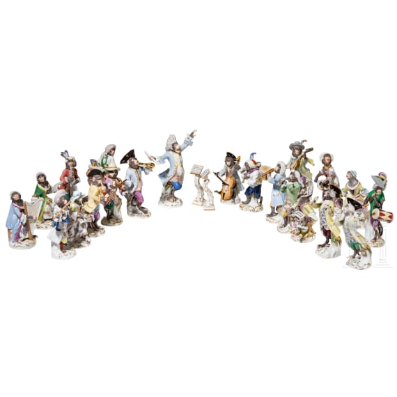 21 porcelain figures and two conductor stands from the Monkey Orchestra, designed by J. J. Kaendler, manufactured by Meissen, late 20th century