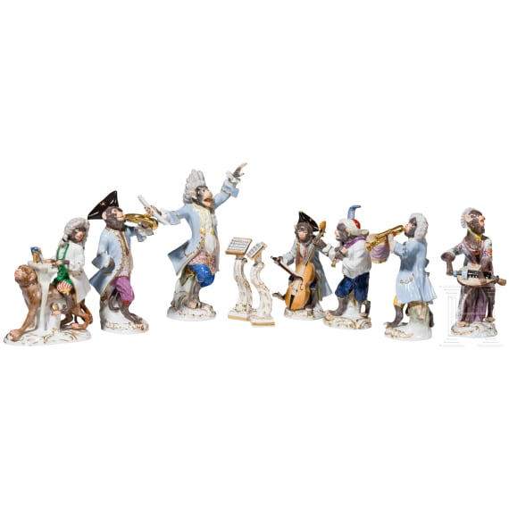 21 porcelain figures and two conductor stands from the Monkey Orchestra, designed by J. J. Kaendler, manufactured by Meissen, late 20th century