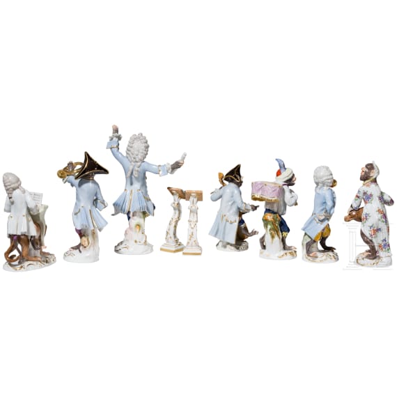 21 porcelain figures and two conductor stands from the Monkey Orchestra, designed by J. J. Kaendler, manufactured by Meissen, late 20th century