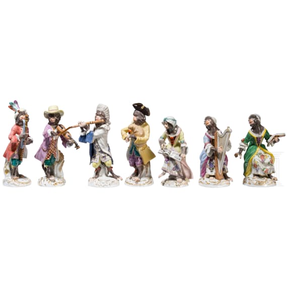 21 porcelain figures and two conductor stands from the Monkey Orchestra, designed by J. J. Kaendler, manufactured by Meissen, late 20th century