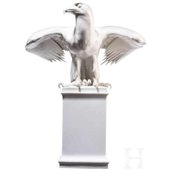A large and rare porcelain eagle on a base, Max Esser, 1931 (design), Meissen (finish)