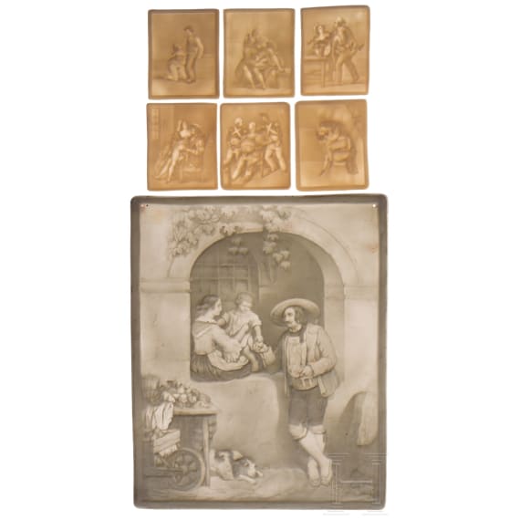 A large biscuit porcelain plaque and six small plaques with erotic scenes