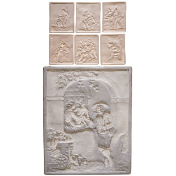 A large biscuit porcelain plaque and six small plaques with erotic scenes