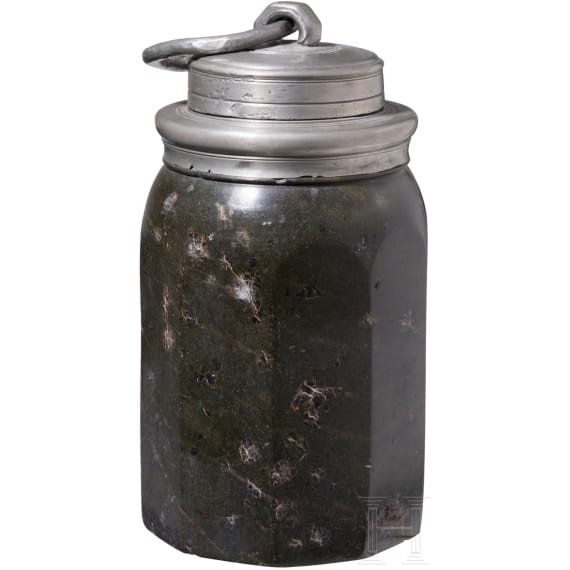 A pewter mounted container made of Saxon serpentine, 2nd half of the 17th century