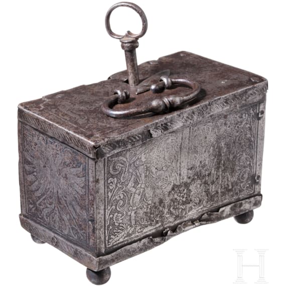 An small etched Nuremberg casket, dated 1629