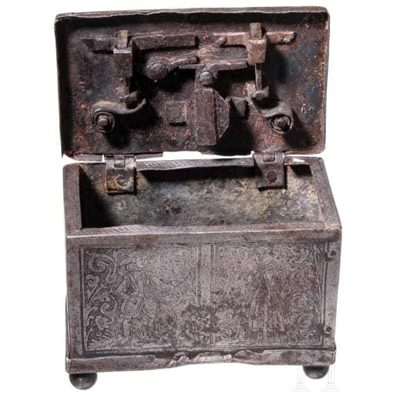 An small etched Nuremberg casket, dated 1629