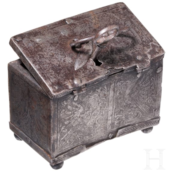 An small etched Nuremberg casket, dated 1629
