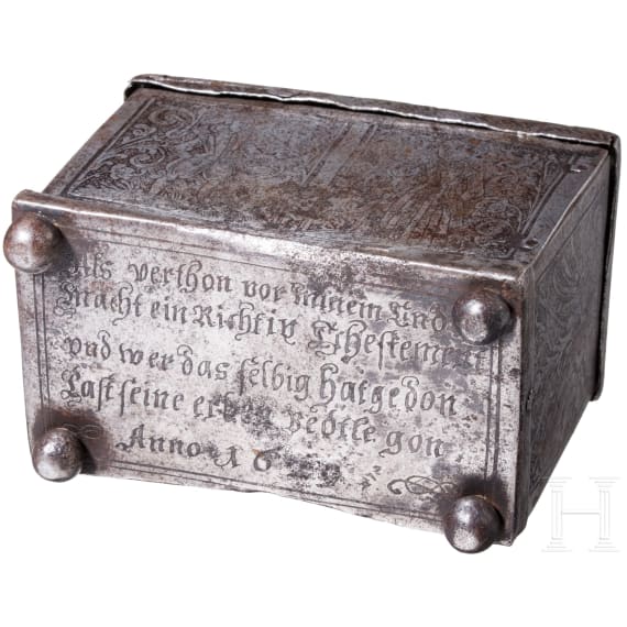 An small etched Nuremberg casket, dated 1629