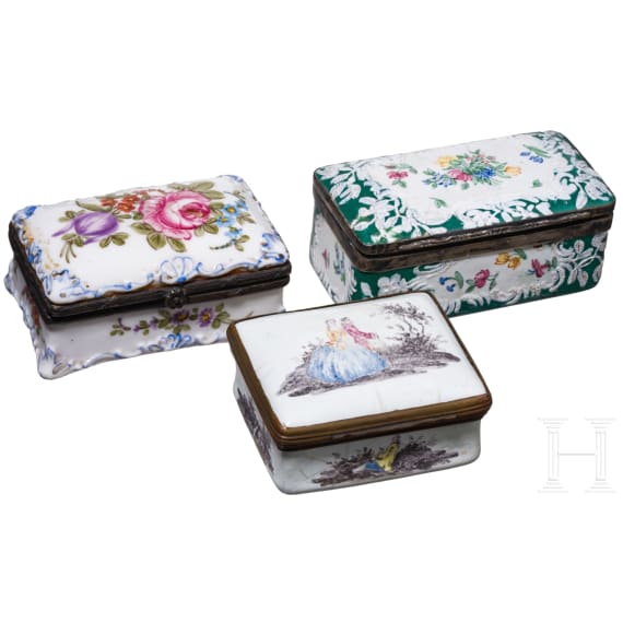 Two French silver/copper-mounted enamel and one porcelain tobacco box, late 18th century