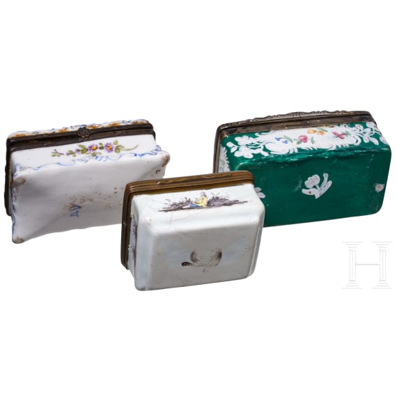 Two French silver/copper-mounted enamel and one porcelain tobacco box, late 18th century