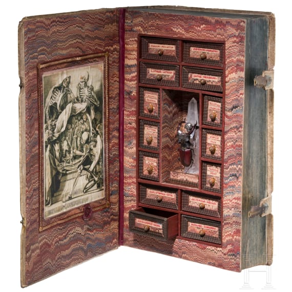 A book-shaped poison cabinet with stag beetle, German, ca. 1900