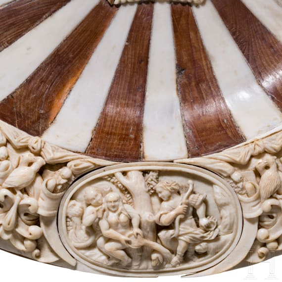 A splendid ivory-mounted horn and wood plate, Erbach, Otto Glenz, late 19th century