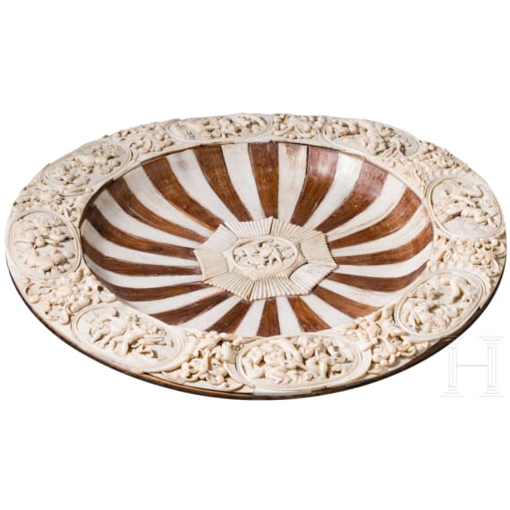 A splendid ivory-mounted horn and wood plate, Erbach, Otto Glenz, late 19th century