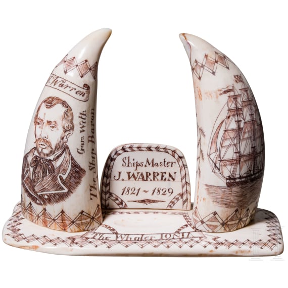 A walrus tusk scrimshaw showing the Whaler Ionia, Ship Master J. Warren (1821-29), 19th century