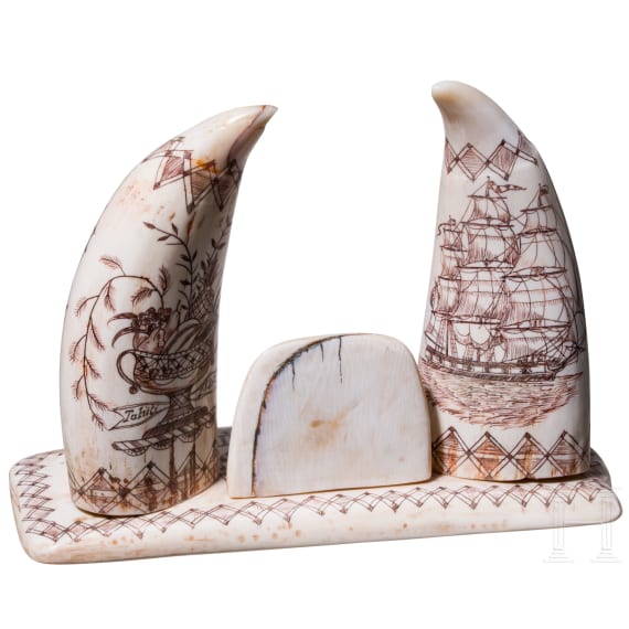 A walrus tusk scrimshaw showing the Whaler Ionia, Ship Master J. Warren (1821-29), 19th century