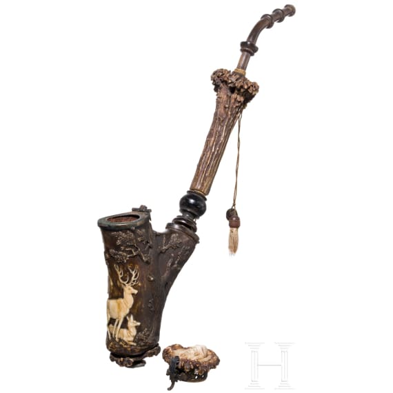 A carved stag horn pipe by Johann Leberecht Schulz in Meiningen, circa 1830