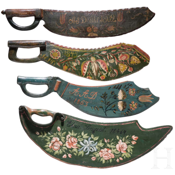 Four painted Swedish flax crushers, 19th century