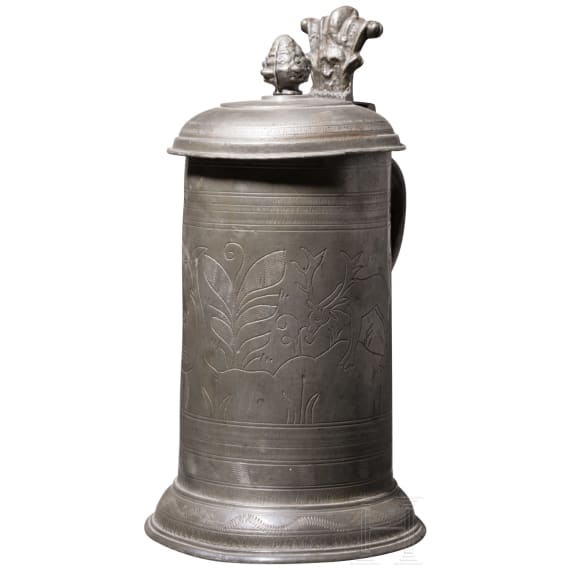 A Transylvanian pewter mug with engraved hunting scene, 17th century