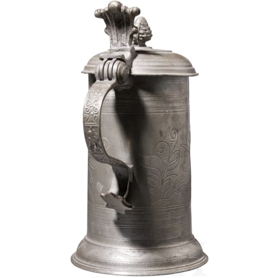 A Transylvanian pewter mug with engraved hunting scene, 17th century