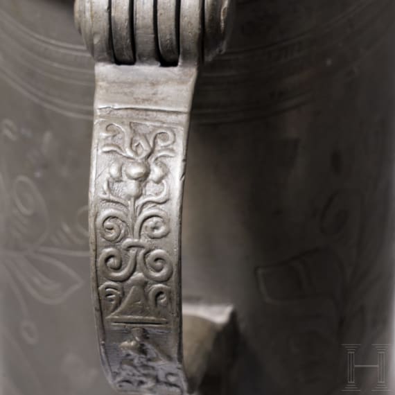 A Transylvanian pewter mug with engraved hunting scene, 17th century
