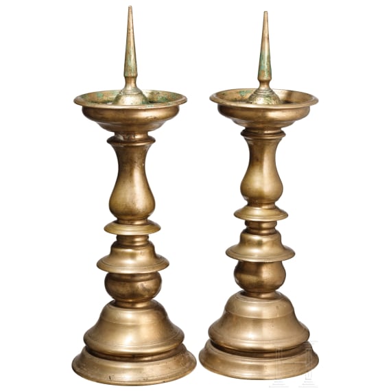 A pair of Renaissance brass pricket candlesticks, Nuremberg, 2nd half of the 16th century
