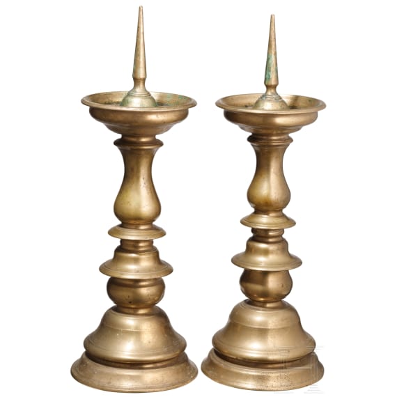 A pair of Renaissance brass pricket candlesticks, Nuremberg, 2nd half of the 16th century