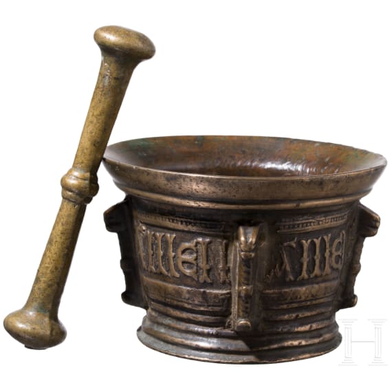 A Spanish bronze mortar with text band, 16th century