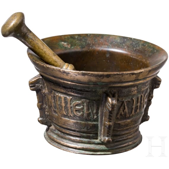 A Spanish bronze mortar with text band, 16th century