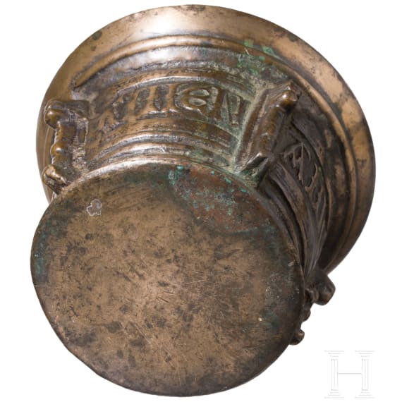 A Spanish bronze mortar with text band, 16th century