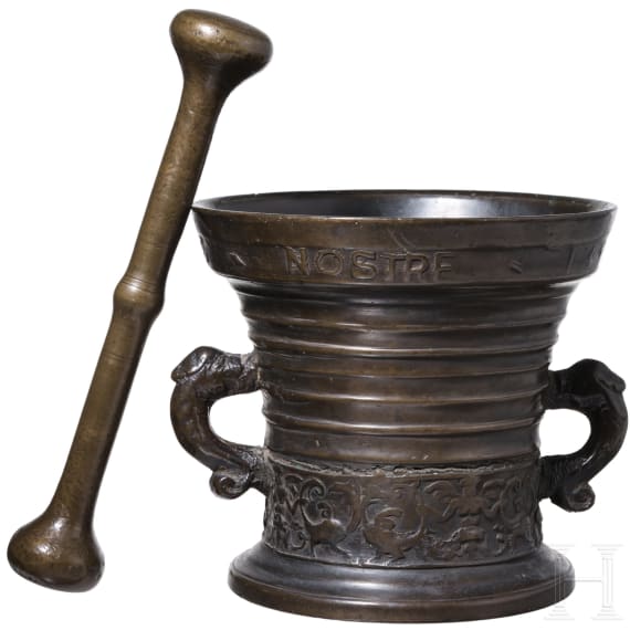 A Dutch Renaissance bronze mortar, dated 1573