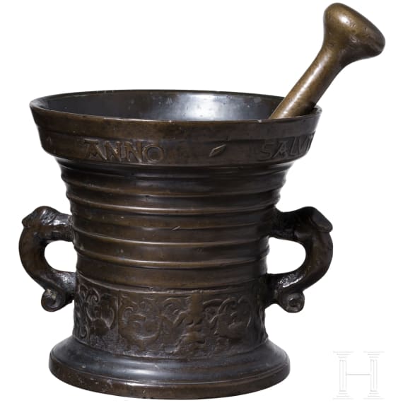 A Dutch Renaissance bronze mortar, dated 1573