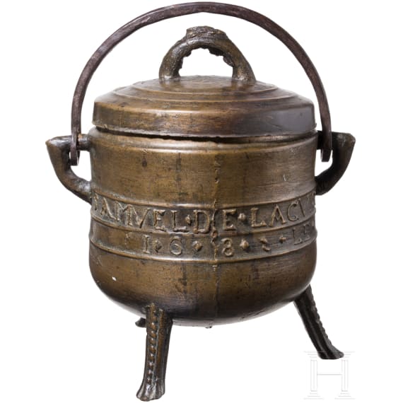 A French lidded bronze cauldron, dated 1682