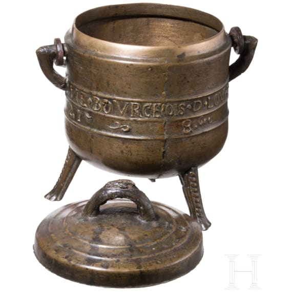 A French lidded bronze cauldron, dated 1682