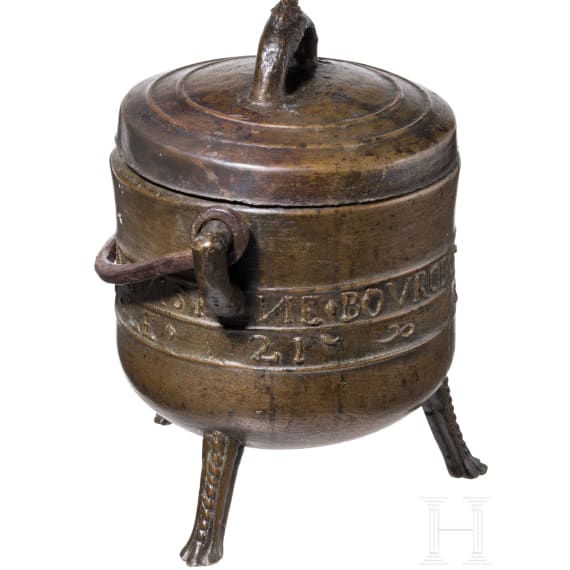 A French lidded bronze cauldron, dated 1682