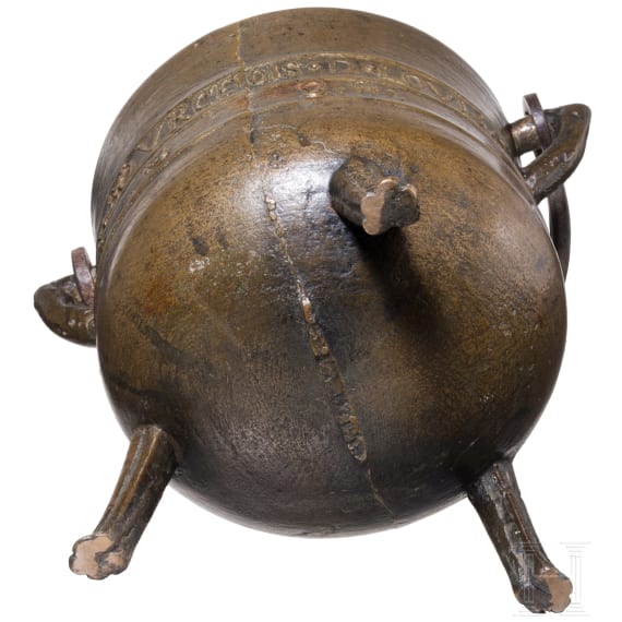A French lidded bronze cauldron, dated 1682