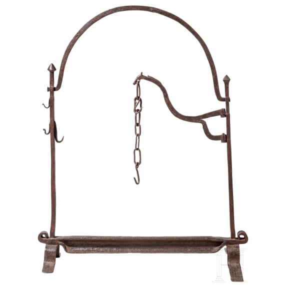 A large iron French or Spanish andiron, 16th/17th century